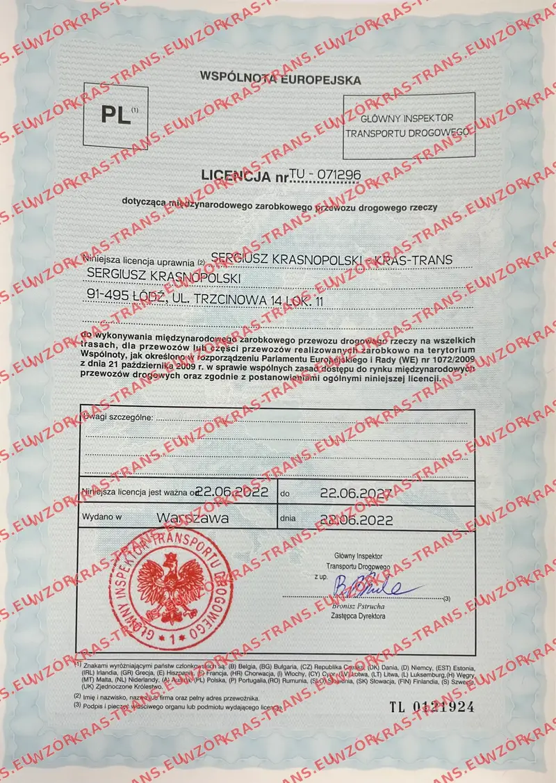 Licencja na krajowy i międzynarodowy transport drogowy rzeczy — KRAS-TRANS (znak wodny kras-trans.eu/wzor)