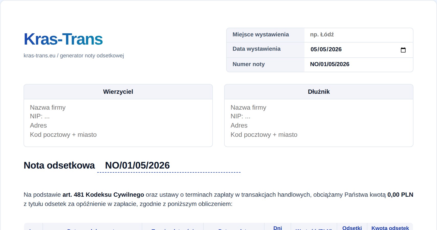 Wzór noty odsetkowej Kras-Trans. Dokument księgowy — wezwanie do zapłaty odsetek za opóźnienie: dane wierzyciela i dłużnika, numer noty, data wystawienia, tabela faktur z wyliczeniem dni zwłoki i kwoty odsetek wg art. 481 Kodeksu Cywilnego, suma należności, IBAN do zapłaty.