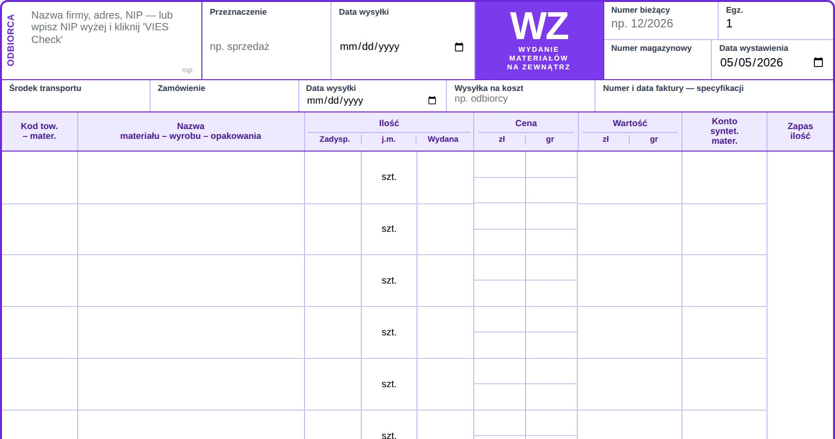 Wzór druku WZ 351-8 do wypełnienia. Klasyczny układ Michalczyk i Prokop, format 1/3 A4. 9-kolumnowa tabela: kod towaru, nazwa, ilość, j.m., cena zł/gr, wartość zł/gr, konto syntetyczne, zapas.