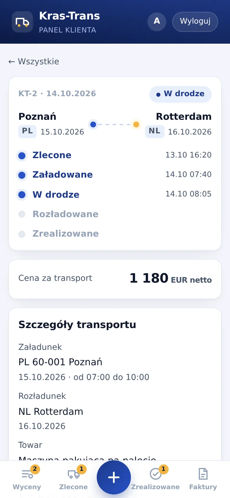 Status przesyłki na telefonie: zlecone, załadowane i w drodze z datą i godziną każdego etapu