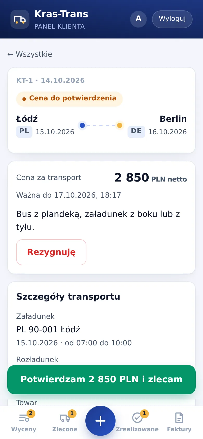 Wycena na telefonie: cena 2 850 PLN netto, termin ważności i przycisk Potwierdzam i zlecam